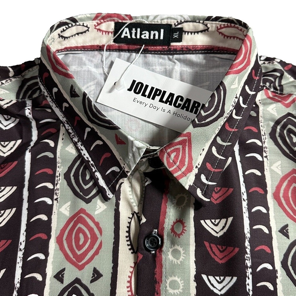 Atlanl Mens Button Down Shirt XL Retro Leisure Casual Geometric Short Sleeve NEW